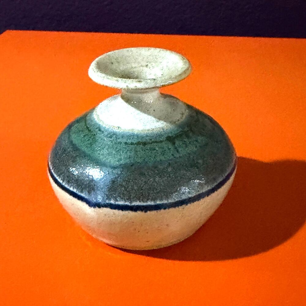 Studio Pottery Miniature Bud Vase Signed Speckle Stoneware Blue Green Olla Retro